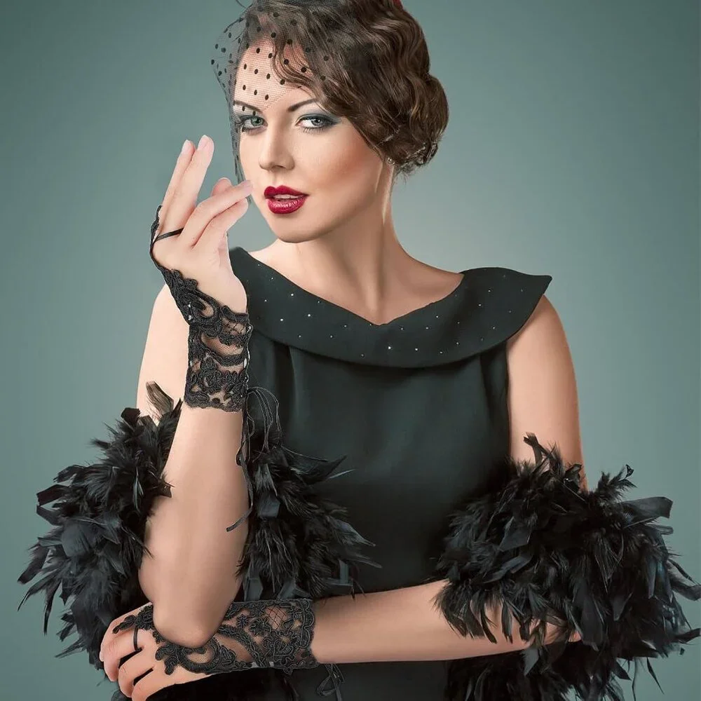Women's Embroidered Evening Black Short Lace Gloves Halloween Party Prom